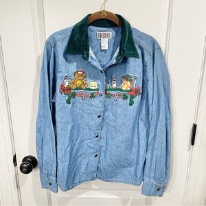 Vintage Denim BILLBLASS JEANS embroidered Teddy Christmas button down LG